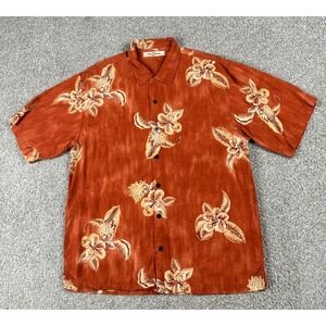 Tommy Bahama Shirt Mens Large Orange Floral Silk Hawaiian Button Up Short Sleeve